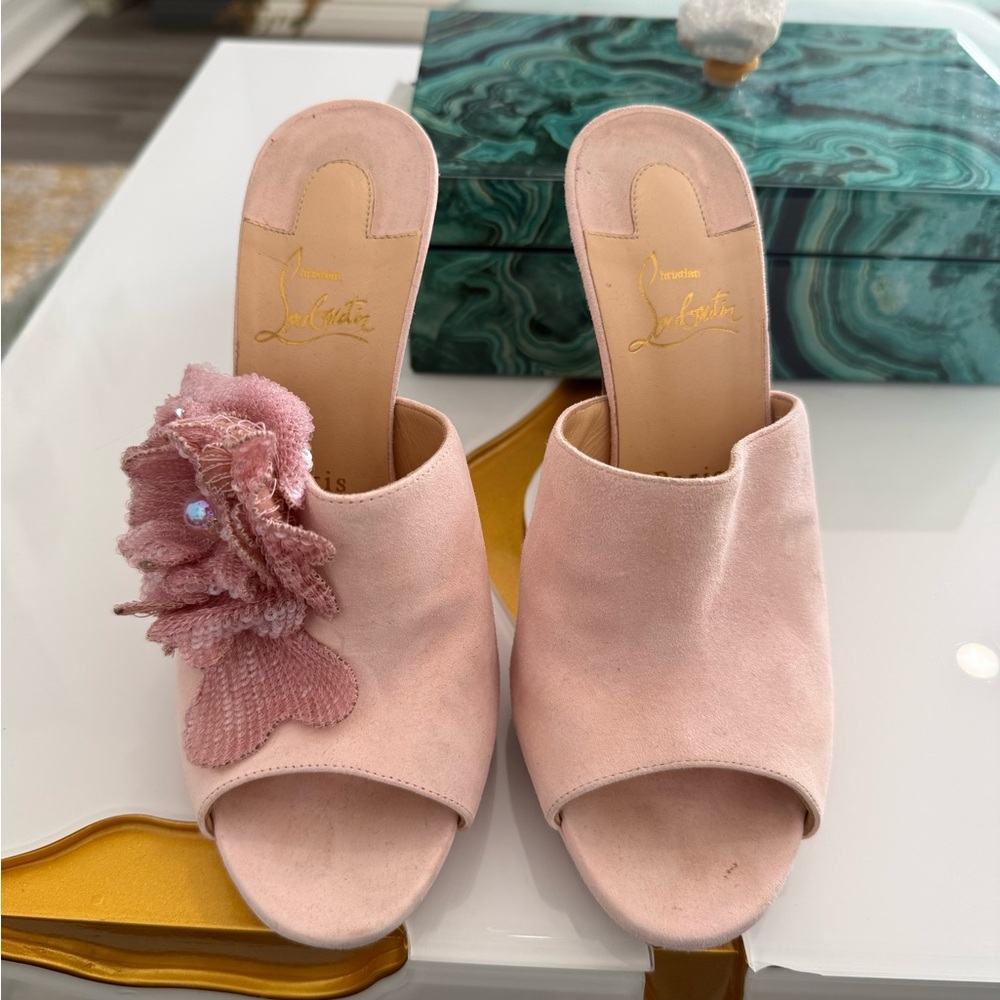 Christian Louboutin Blush Pink Mules with Floral Accent
